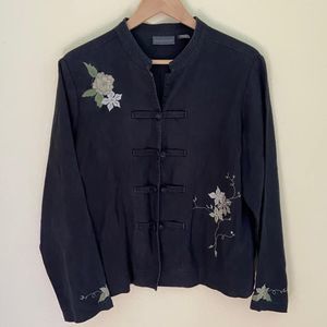 RELATIVITY Jacket Black Asian Inspired Embroidery Toggle Closure Linen Size L